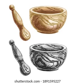 Wooden mortar and pestle. Vector vintage hatching color illustration. Isolated on white background. Hand drawn design