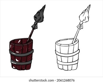 Wooden mortar and witch's broom. Halloween vector illustration