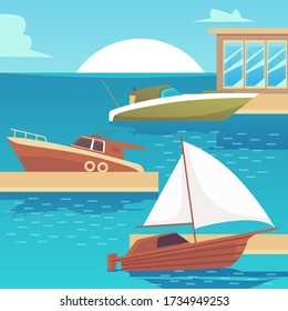 Wooden motorboat and yacht boats in sea dock on sunset landscape background. Flat vector illustration of different water transport parked in marine harbor bay.