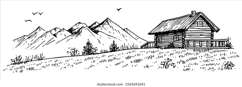 wooden mountain cabin with grassy meadow and peaks illustration