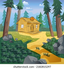 Wooden Mountain Cabin Vector Illustration