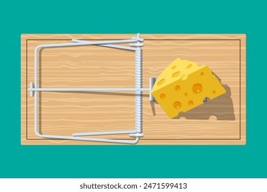 Wooden mouse trap with cheese, classical spring loaded bar trap. Top view. Vector illustration in flat style