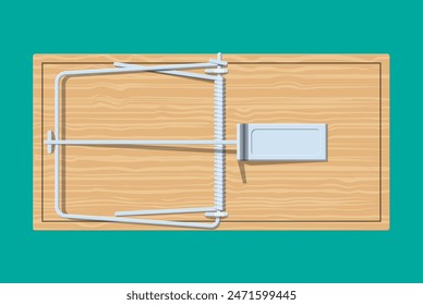 Wooden mouse trap, classical spring loaded bar trap. Top view. Vector illustration in flat style