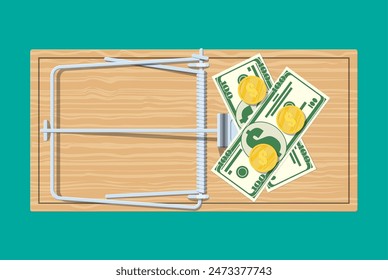 Wooden mouse trap with dollar banknotes and golden coins, classical spring loaded bar trap. Top view. Fraud, freebie, crime and lie. Vector illustration in flat style