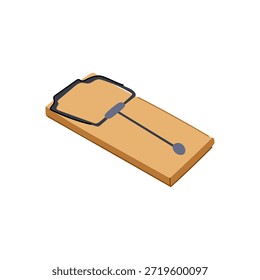Dispositivo de ratoeira de madeira com uma barra carregada de mola e suporte de isca, pronto para fechar, simbolizando conceitos de perigo, risco, problema e captura iminente