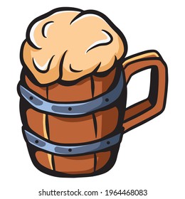 Wooden mug. Alcohol mug. Bar. Tavern. Cartoon style. Illustration for design and decoration.