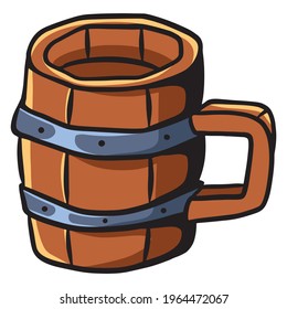 Wooden mug. Alcohol mug. Bar. Tavern. Cartoon style. Illustration for design and decoration.