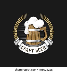 Wooden mug of beer with barley ears. Craft brewery logo. Stock vector illustration.