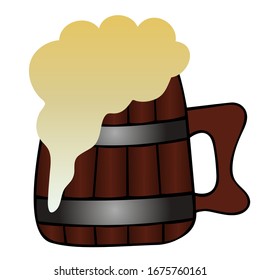 Wooden mug with beer. Colored vector illustration. Isolated background. Fresh foamy drink. Cartoon style. Idea for web design, menus. Alcoholic drink. International Beer Day. Foam flows out of the mug