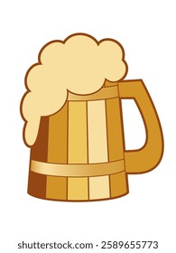 Wooden mug with beer foam, cartoon flat vector illustration