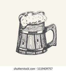 Wooden mug with beer and beer foam overflowing over the edge isolated on white background. Hand drawn sketch in vintage engraving style. Light Alcohol Drink. Vector illustration for Oktoberfest