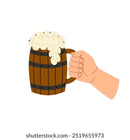 Wooden mug with beer in hand. Alcohol Beverage, party, pub element. Foamy beer in a wooden keg. Flat illustration on white background.