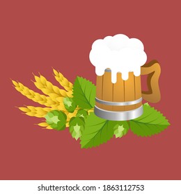 Wooden mug of beer with hops and wheat. Vector illustration.