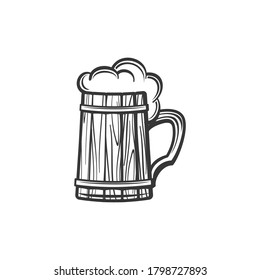 Wooden mug of beer isolated alcohol drink monochrome sketch. Vector Oktoberfest holiday symbol, cider beverage with foam. Light or dark ale in lager, wooden glass with handle, brewery product