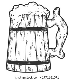 Wooden mug with beer. Sketch scratch board imitation. Black and white. Engraving vector illustration