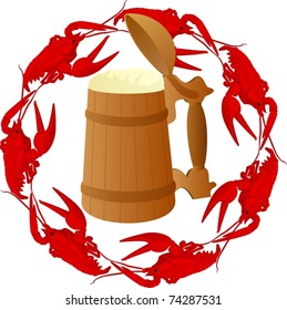 Wooden mug of beer surrounded by boiled crawfish