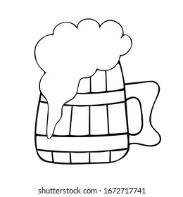 Wooden mug with beer. Vector illustration. Fresh foamy drink. Outline on an isolated background. Sketch. Doodle style. Coloring book for children. St.Patrick Day. Idea for book, web design, menu. 