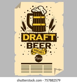 Wooden Mug Of Draft Beer Illustration Poster Flyer Design For Promotion For Restaurants Pubs Clubs. Vector Graphic.