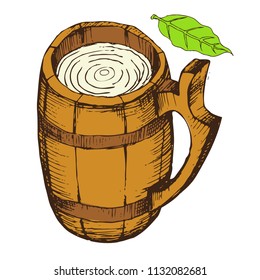 Wooden mug for drinks. Isolated object on a white background for the design of advertising beer store, dairy products, bath, sauna. Hand drawing in sketch style. Vector illustration. EPS 10.