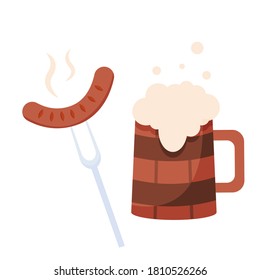 Wooden mug with foamy beer and hot dog on a fork. Design for oktobersfest, bar, restaurant. Isolated elements on a white background. Vector flat illustration.