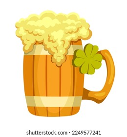 A wooden mug of fresh ale or foam beer decorated with a four-leaf clover as a symbol of St. Patrick's Day. Attribute of the Irish holiday. Vector illustration
