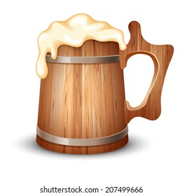 Wooden mug full of beer, with froth, vector illustration 