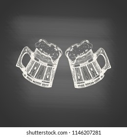 Wooden mugs with beer and beer foam overflowing over the edge on chalkboard. Hand drawn sketch in vintage engraving style. Light Alcohol Drink. Vector illustration for Oktoberfest