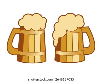 Wooden mugs set with beer foam, cartoon flat vector illustration
