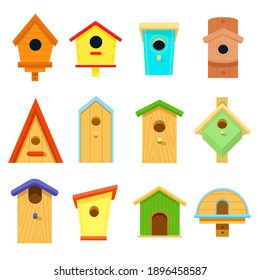 Wooden multi-colored birdhouses isolated on a white background. Birdhouse, bird feeder of various shapes. Set of icons. Crafts made of wood and nails. Nature protection. Cartoon. Vector illustration