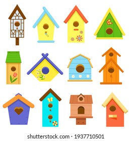 Wooden multi-colored birdhouses isolated on white background. Birdhouse, bird feeder of various shapes. Set of icons. Crafts made of wood and nails. Bird Day, Nature protection. Vector illustration