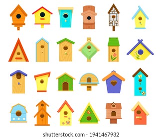 Wooden multicolored birdhouses of various shapes isolated on white background. Birdhouse, bird feeder. Big Set of icons. Crafts made of wood and nails. Bird Day, Nature protection. Vector illustration
