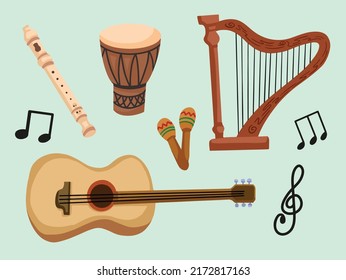 Wooden musical intrument set collection, traditional and classical orchestra melody intrument drawing vector illustration with flat art style.