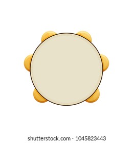 Wooden musical percussion instrument. Tambourine with metal plates. Musical tambourine with melodic sonorous sound. Accessory for holidays, fun events, concert performances. Illustration isolated.