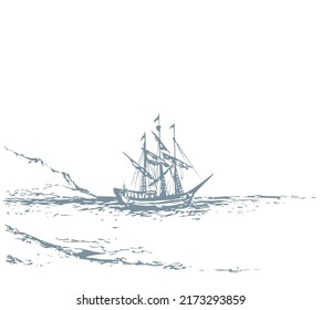 Wooden navy buccaneer caravel sailor voyage travel scene. White sky text space. Line black ink pen hand drawn nautic scenic lake wave sand rock hill bay picture design in art aged doodle engrave style