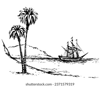 Wooden navy buccaneer caravel sailor voyage travel scene on white sky text space. Line black ink pen hand drawn nautic tropic scenic lake sand hill bay picture design in art aged doodle engrave style