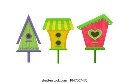 Wooden Nest Box or Birdhouse as Enclosure for Birds Vector Set