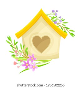 Wooden Nesting Box with Blooming Flower and Grass Blades as Spring Vector Composition