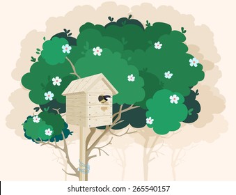 A wooden nesting box with a small bird in it tied to a green blossoming tree and tree shadows on the background