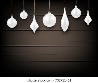 Wooden New Year background with white Christmas balls. Vector illustration.