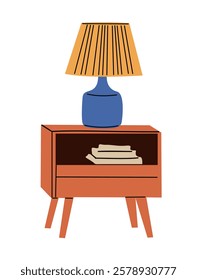 Wooden nightstand. Wood nigh stand, bedside table icon. Hardwood furniture, woodwork with lamp and books in modern trendy retro style. Flat graphic vector illustration isolated on white background