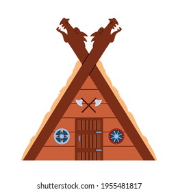 Wooden norse viking house with carved details flat vector illustration isolated.