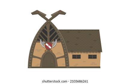 Wooden norse viking house with flat vector illustration isolated.