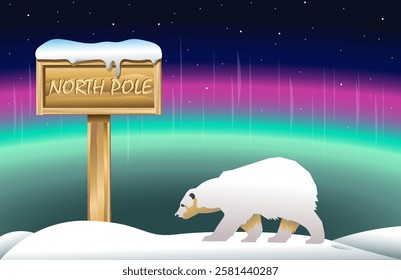 Wooden North pole sign with polar bear and northern lights. Vector art illustration