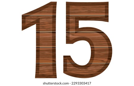 Wooden Number 15 Vector Illustration. Number Fifteen With Wooden Texture Isolated On A White Background
