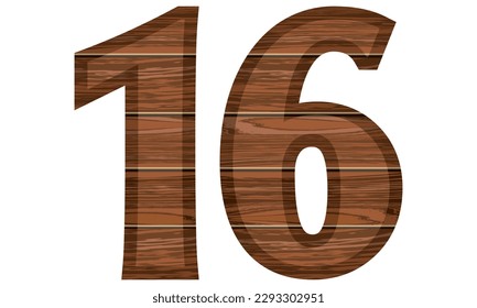 Wooden Number 16 Vector Illustration. Number Sixteen With Wooden Texture Isolated On A White Background
