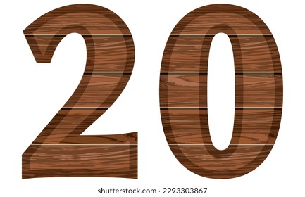 Wooden Number 20 Vector Illustration. Number Twenty With Wooden Texture Isolated On A White Background
