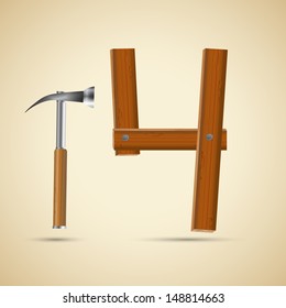 Wooden number 4 and hammer, vector illustration, eps10, 3 layers, easy editable