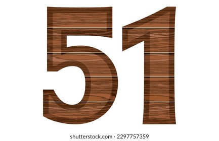 Wooden Number 51 Vector Illustration. Number Fifty One With Wooden Texture Isolated On A White Background
