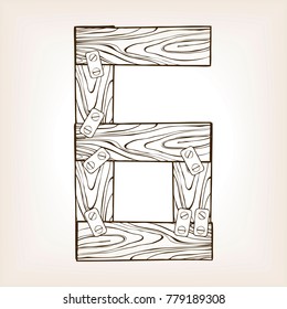 Wooden number 6 engraving vector illustration. Font art. Brown aged background. Scratch board style imitation. Hand drawn image.