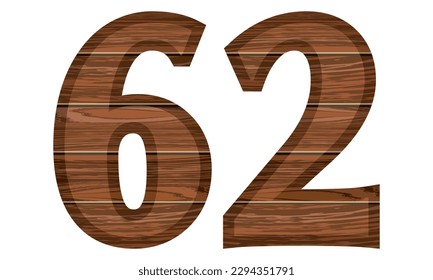 Wooden Number 62 Vector Illustration. Number Sixty Two With Wooden Texture Isolated On A White Background
